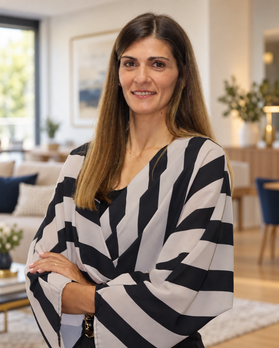 Filipa Alves, consultora imobiliária, de braços cruzados numa sala contemporânea