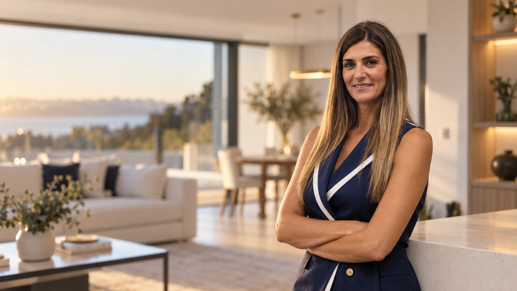 Filipa Alves, consultora imobiliária, numa sala moderna com vista sobre o Ribatejo